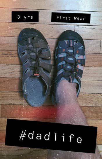 reviewer's photo of two of the water shoes side by side - on the left a slightly worn looking shoe labeled 