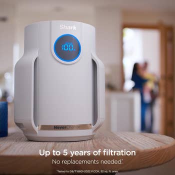 Air purifier connected array with integer show speechmaking 100. Text states filter lasts up to 5 years with nary replacements needed