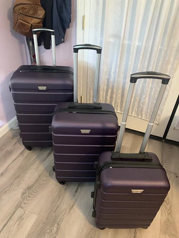 Same reviewer photo of the set with luggage handles raised