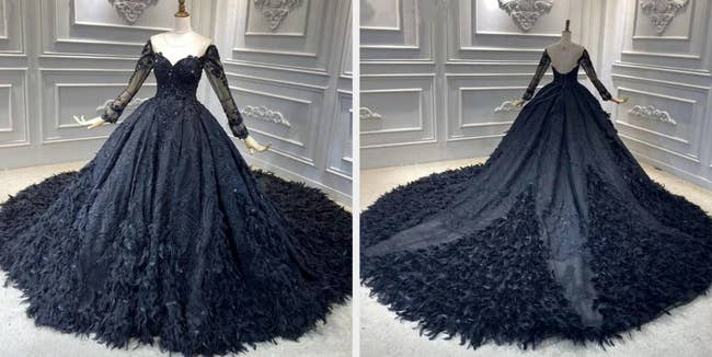 Two images of the black wedding gown