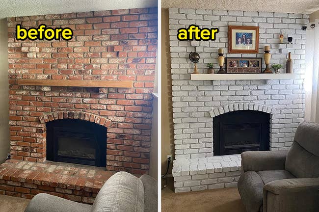 Reviewer's red brick fireplace labeled before, and after using the kit, the brick fireplace with whitewash finish for a modern gray look