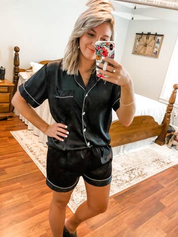reviewer in the black satin short sleeve and shorts Pj set