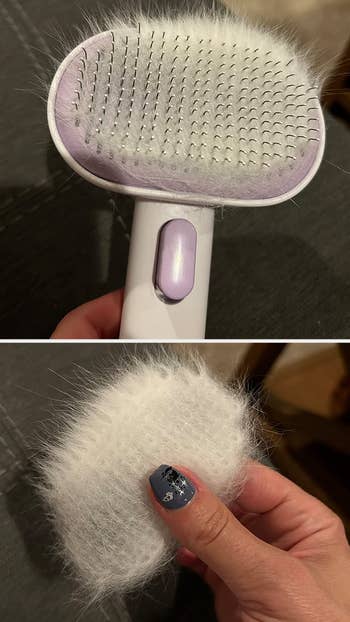 a reviewer's closeup of the purple and white brush and removing cat hair from the bristles