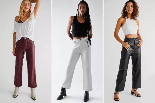 Model wearing red wide leg faux leather pants with white contrast stitching on legs and a white top, model wearing product in white with black stitching and a black tank top, model wearing product in black with white stitching and a white crop top