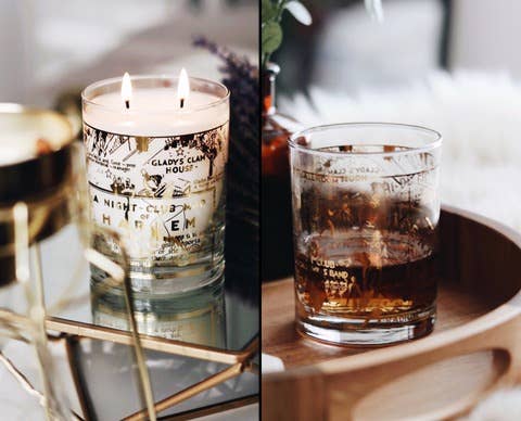 the lit candle and it being used as a cocktail glass