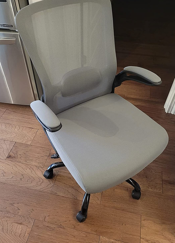 a reviewer photo of the chair in light gray 