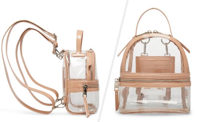 Two images of beige and clear backpack