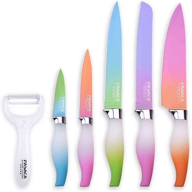 five-piece knife set and white peeler