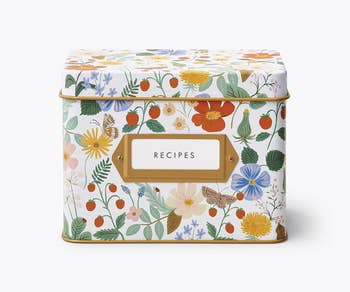 a floral print tin recipe box