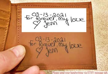 bottom right inside flap of wallet with a handwritten note