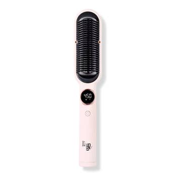 Hair straightening brush on a plain background, digital temperature display, brand visible. Used for styling hair