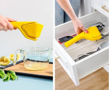 A handheld juicer is being used to squeeze lemon juice, and in a separate scene, it's laid flat in a drawer