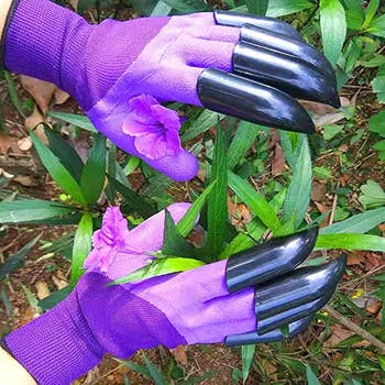 purple gloves with rubber claw-like tips