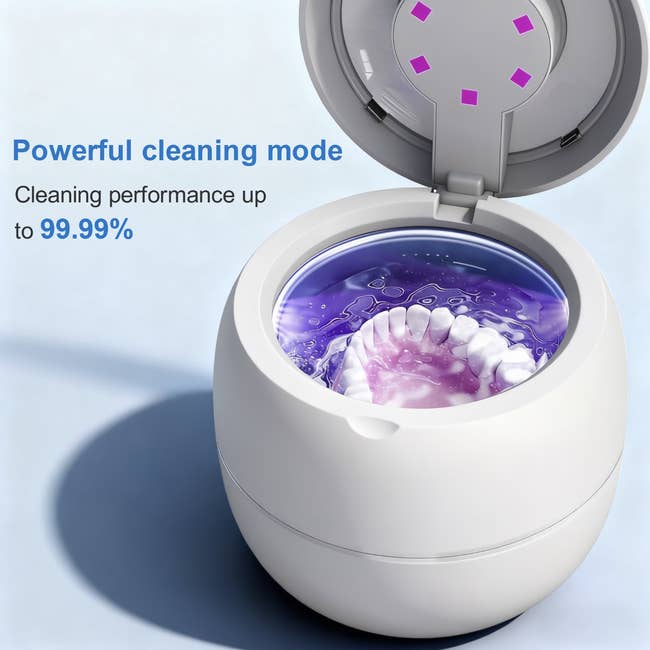 Ultrasonic cleaner with cleaning mode for dental appliances, showing dentures being cleaned wrong with substance highlighting 99.99% performance