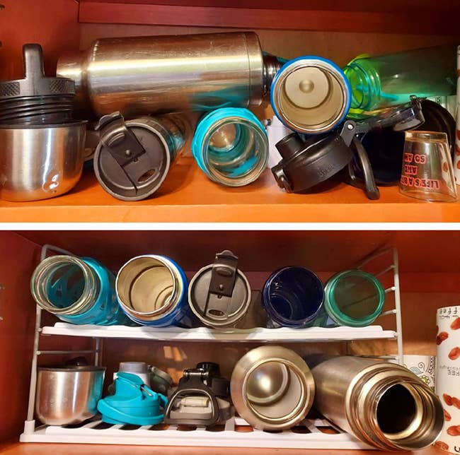 on the top, a clutter of water bottles, and on the bottom, the bottles looking nice and tidy in the organizer
