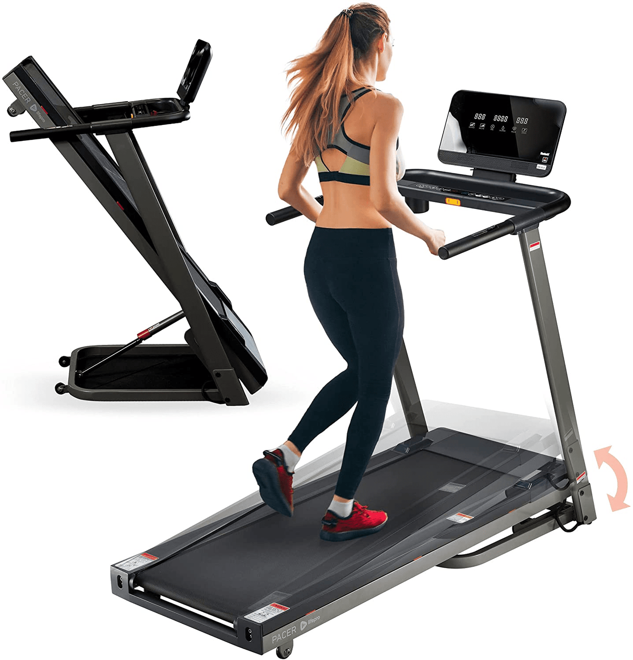 model running on treadmill, with photo inset of it folding up