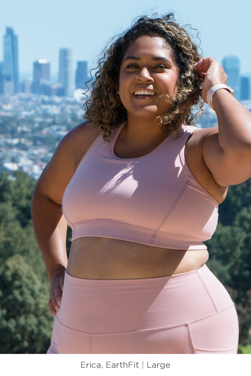 model wearing the blush sports bra