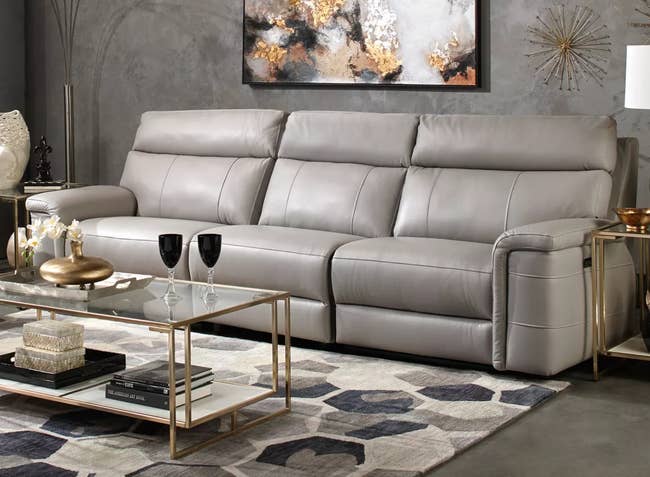 the gray leather couch