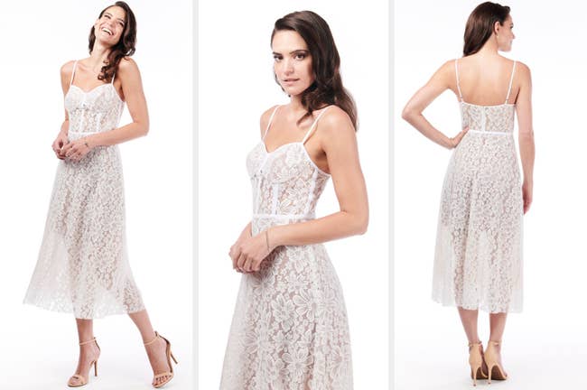 Three images of model wearing white lace midi dress