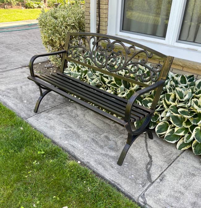 reviewer's garden bench outside
