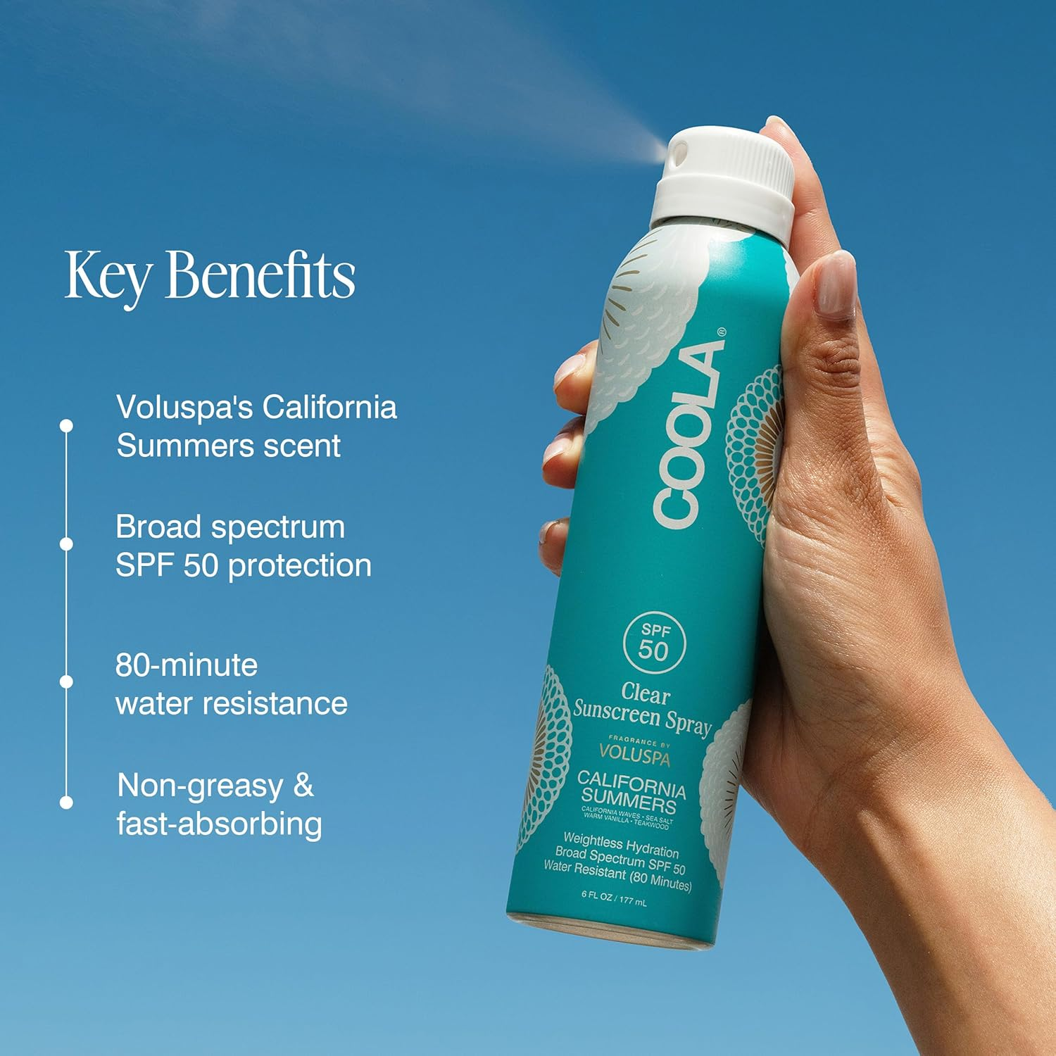  California Summers scent, SPF 50, 80-minute resistance, non-greasy, fast-absorbing