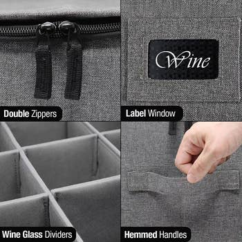 Four images of zippers, label window, dividers, and handles