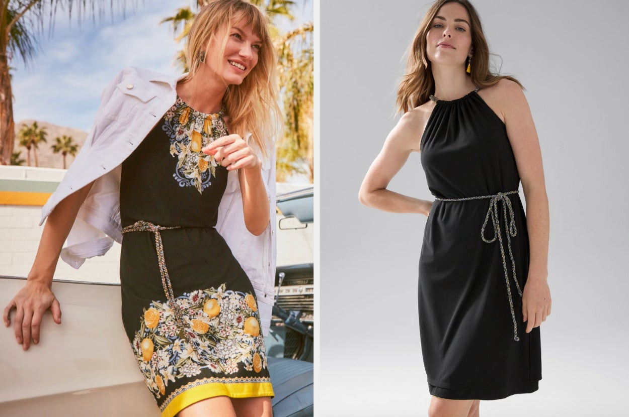 Two images of models wearing black lemon dress