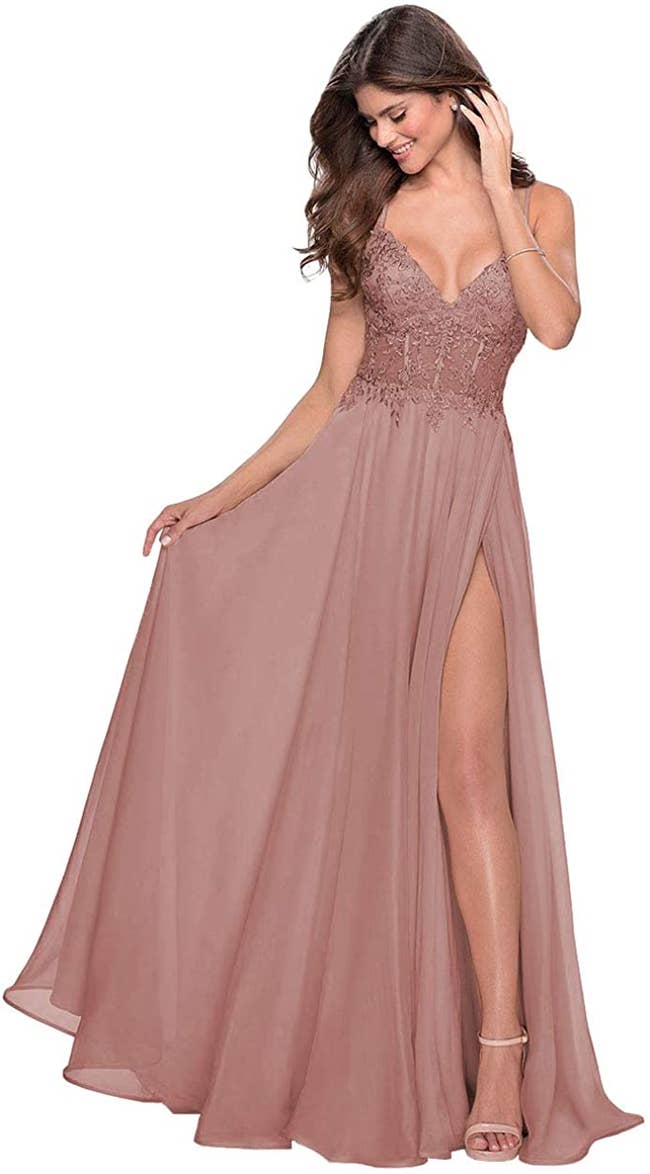 Model in chiffon rose gold dress with lace detailing