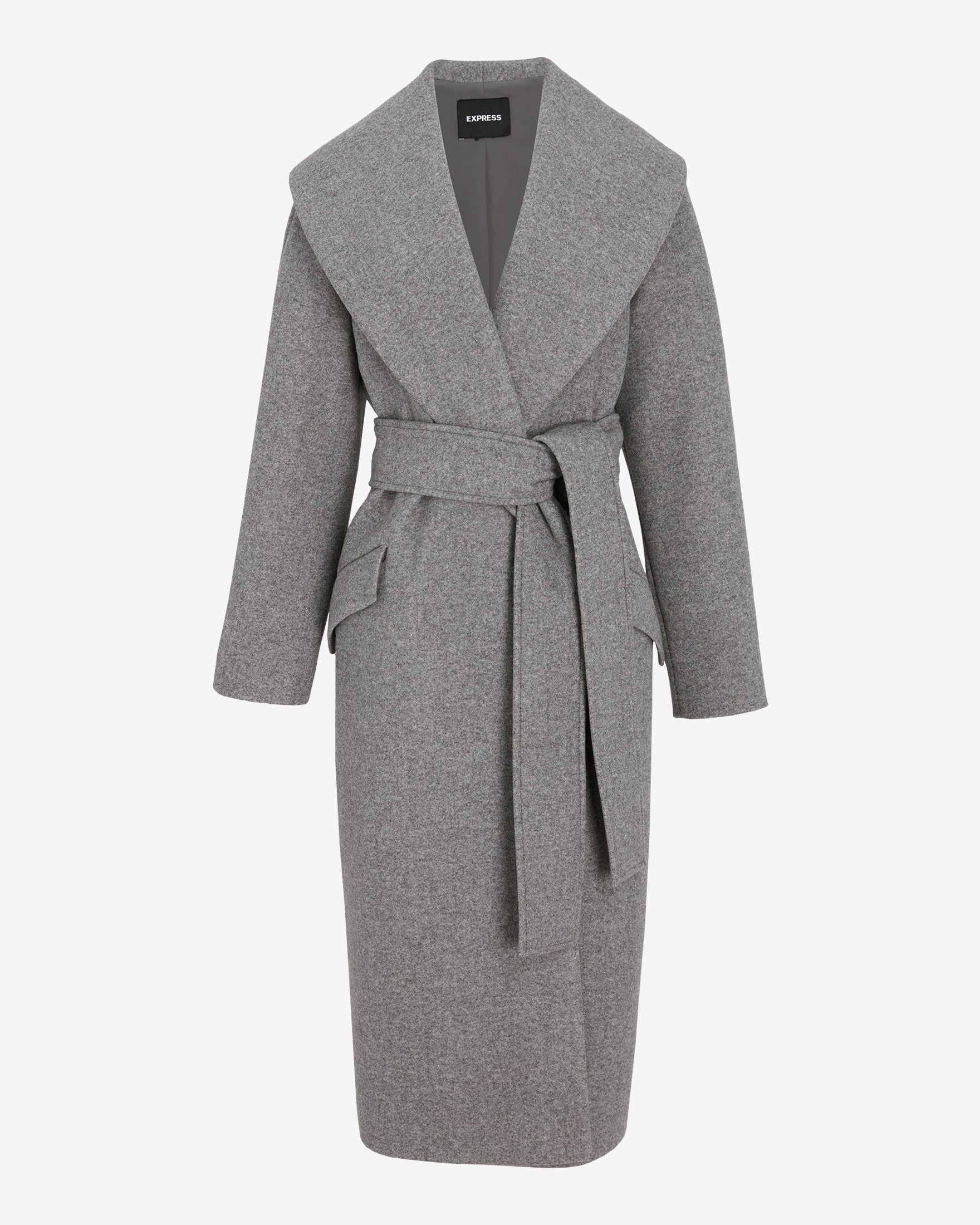 Long gray coat with tie at waist and pockets