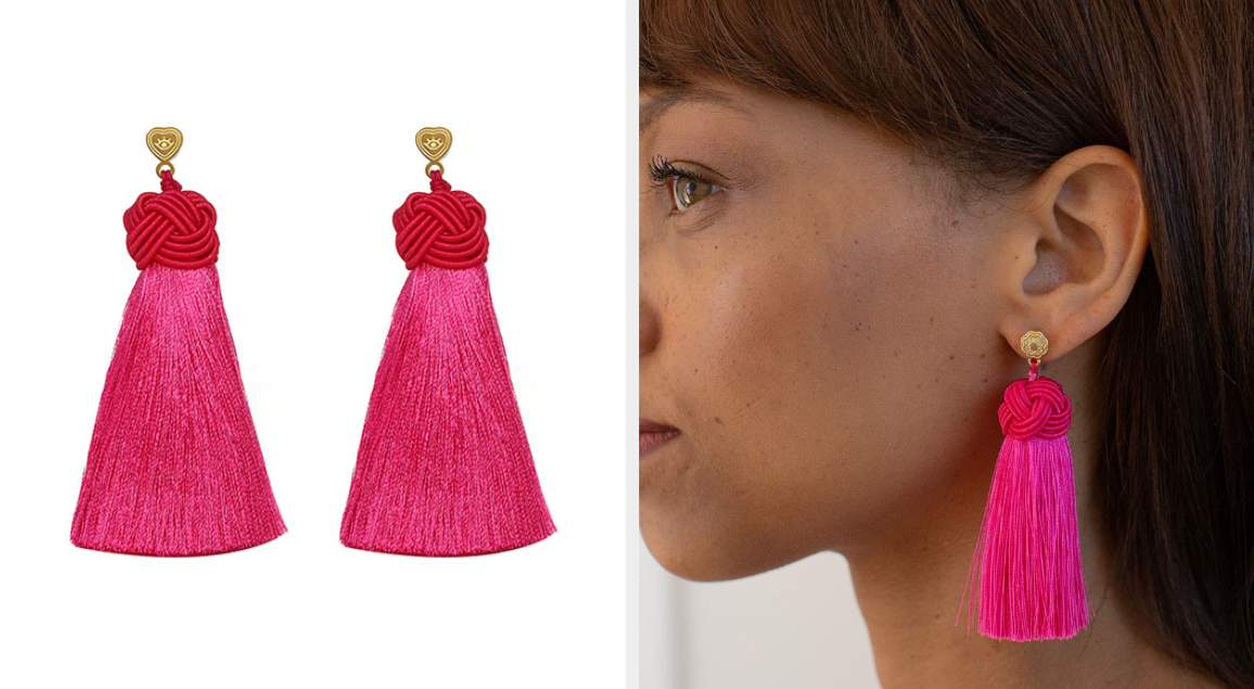 Two images of pink tassel earrings