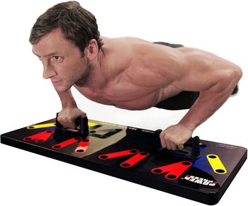 model in push-up position under push-up bar with different handle positions