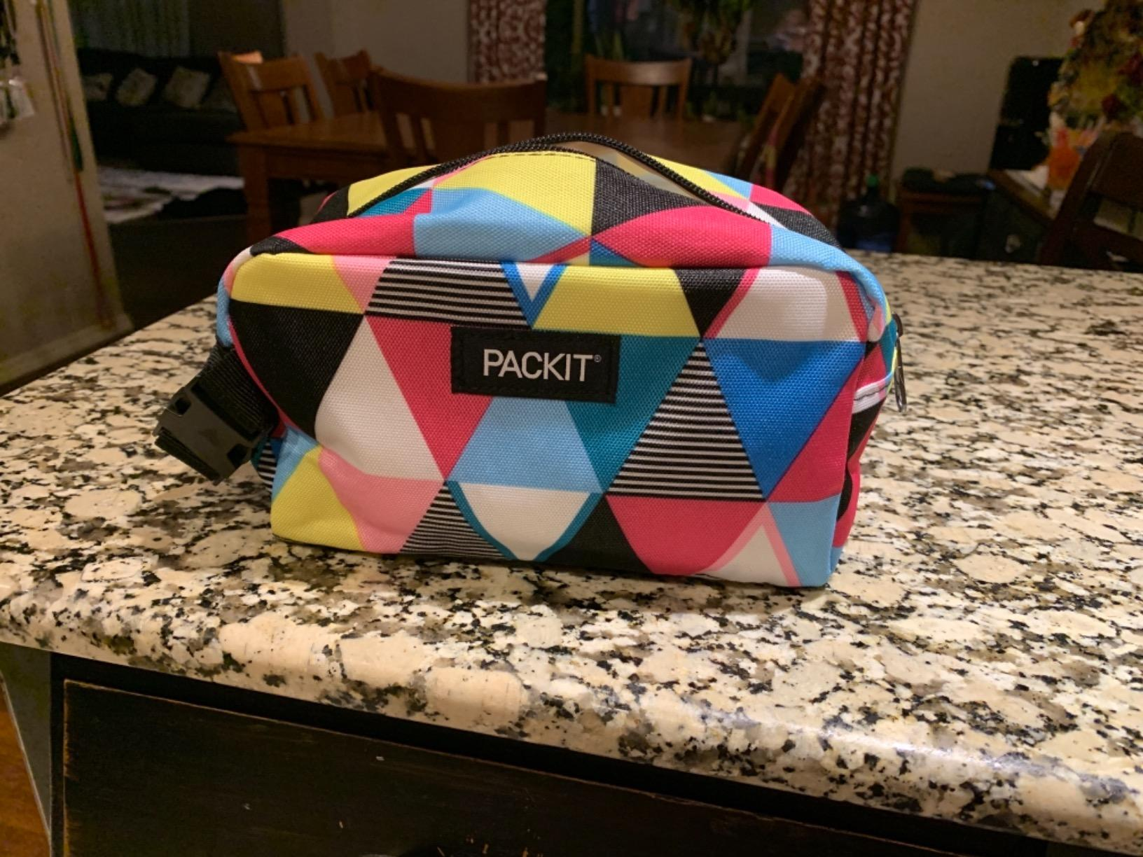 reviewer's snack bag with colorful triangle pattern