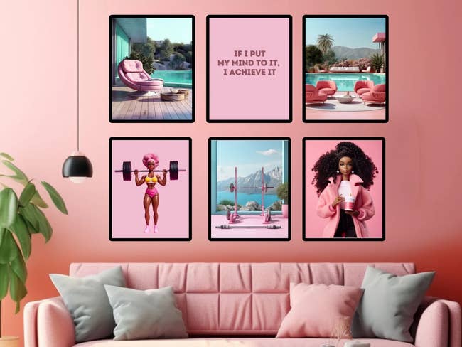 six prints on a wall: three are of a pink dream house with a pool, two of black barbies, and one with a quote that reads, 