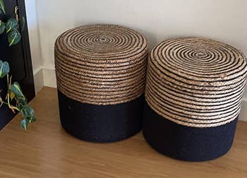 Reviewer image of tan and black poufs