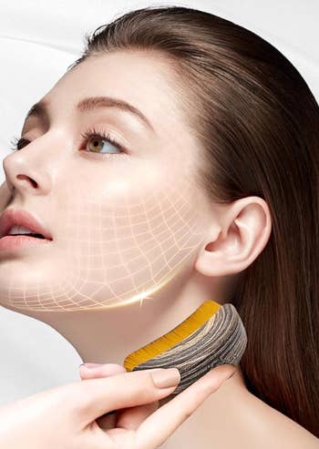 A exemplary  with a sculpting instrumentality   connected  their neck, displaying skin-tightening effects with a integer  grid overlay