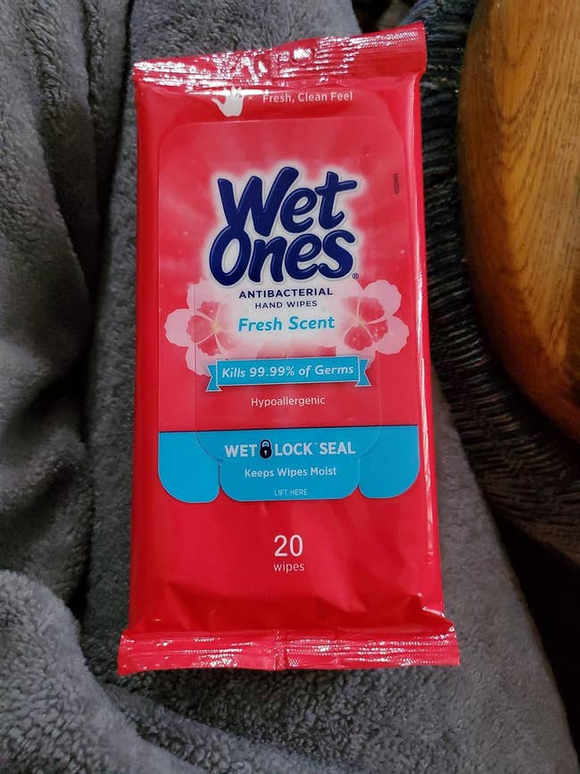 Package of Wet Ones antibacterial hand wipes with a Wet Lock Seal, 20 count