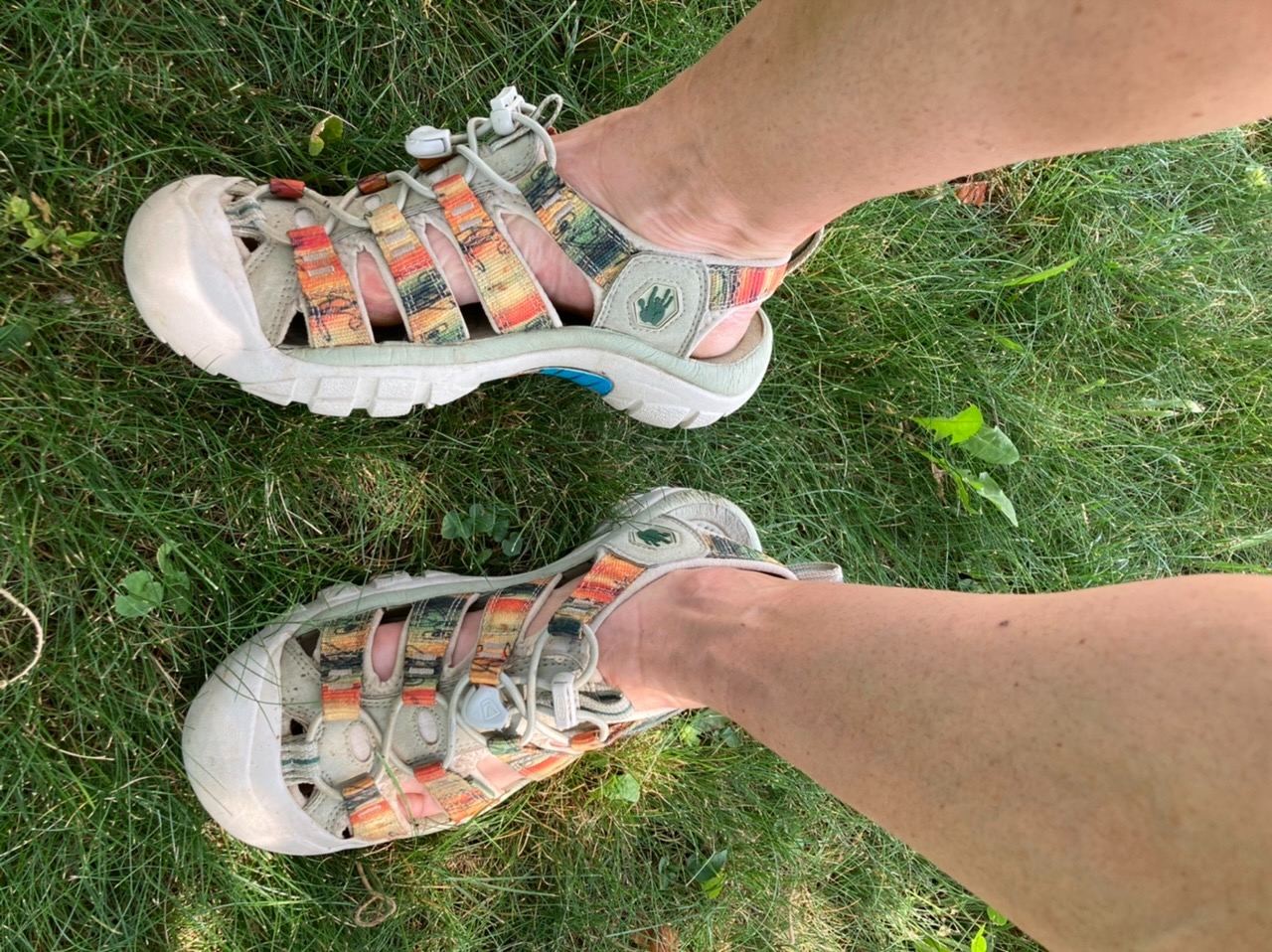 Person wearing well-worn, colorful strapped sandals lasting  connected  lush grass