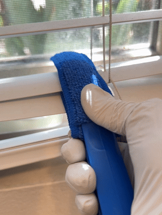 Gloved manus  utilizing a bluish  cleaning instrumentality   to cleanable  model   blinds