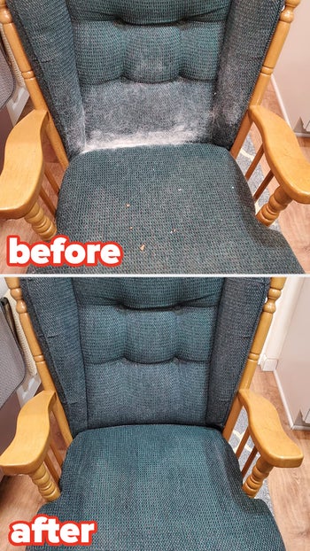 reviewer before and after photo of a chair covered in fur and no longer covered in fur after using the pet hair roller