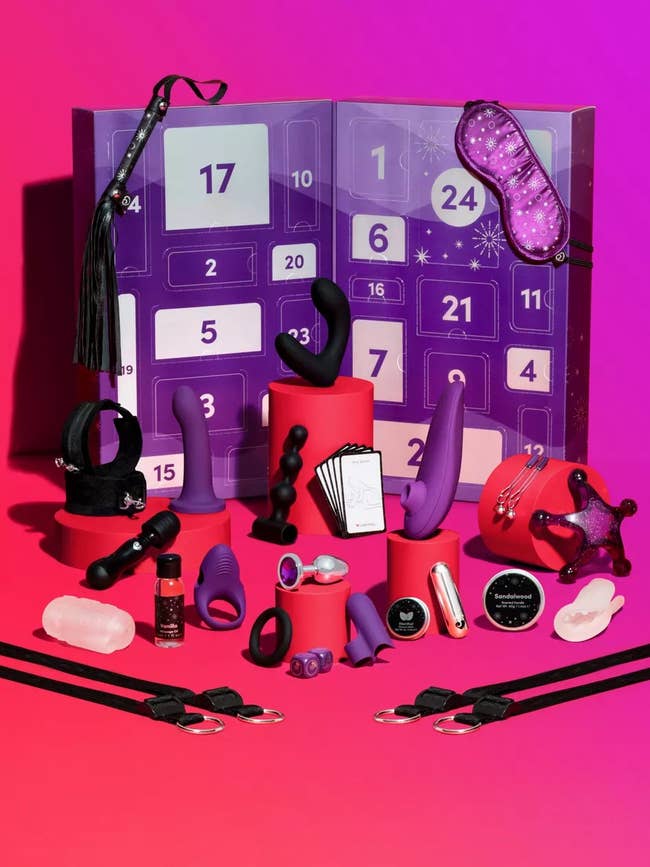Purple couple's advent calendar with sex toys and accessories on display