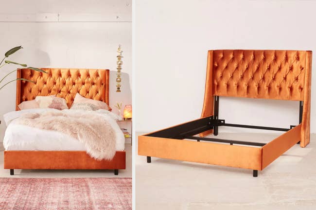 Bright orange velvet tufted wingback headboard attached to matching bed frame with made up bed, product without a mattress on top on a white background