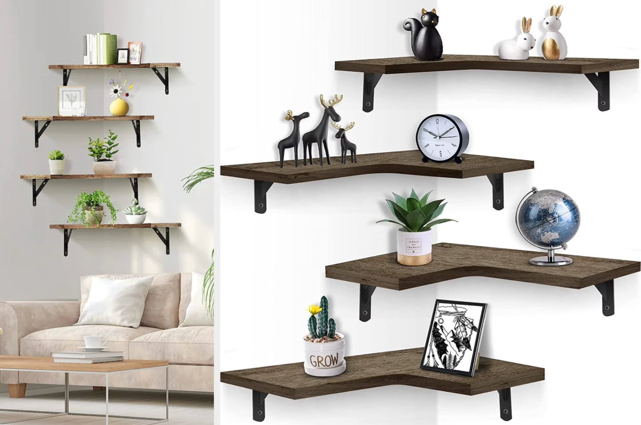 Three L-shaped long corner shelves with plants and decor decorating them, close up products in dark brown