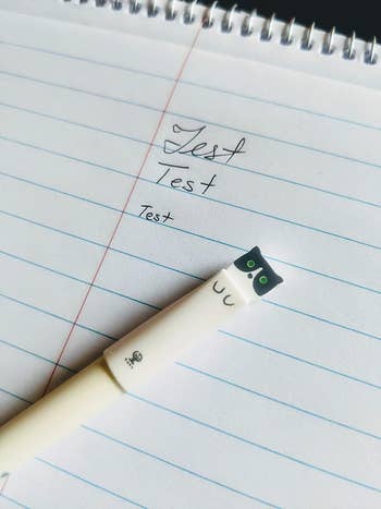 Pen with cat design on top resting on a notebook with handwritten 'Test' thrice