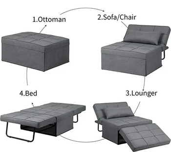 an infographic displaying the ottoman, sofa/chair, lounger, and bed positions of the four-in-one sofa