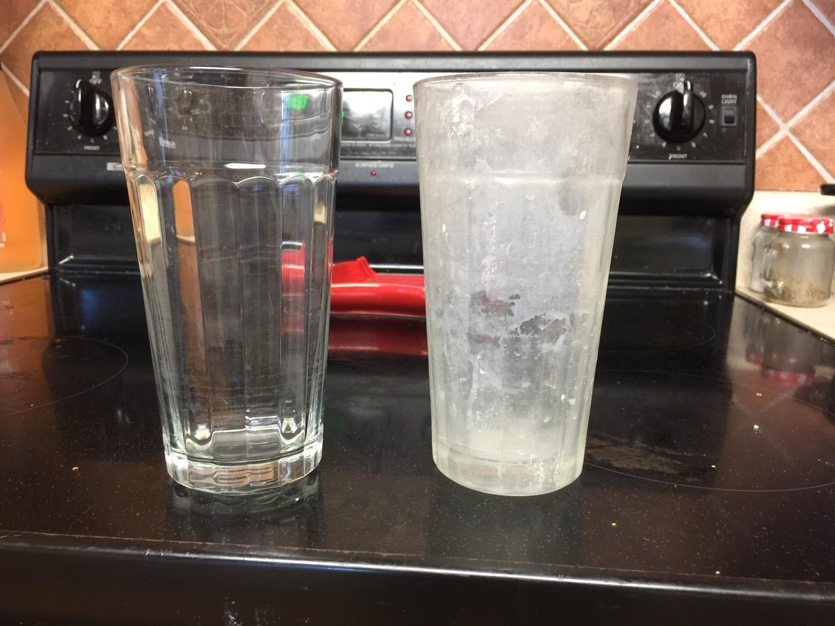 reviewer image of a super cloudy glass next to a super clean and clear glass