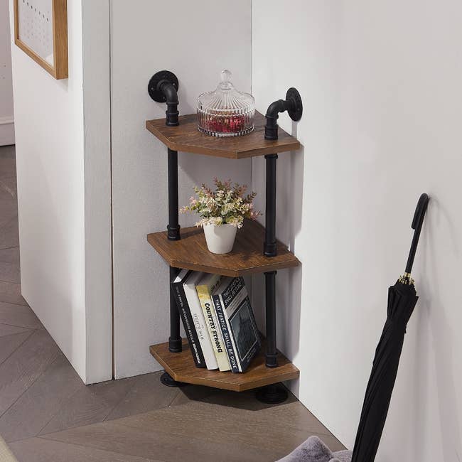 Brown three-tier shelves with black metal poles and books and plants on display