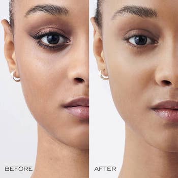 model before and after, eye makeup on and removed