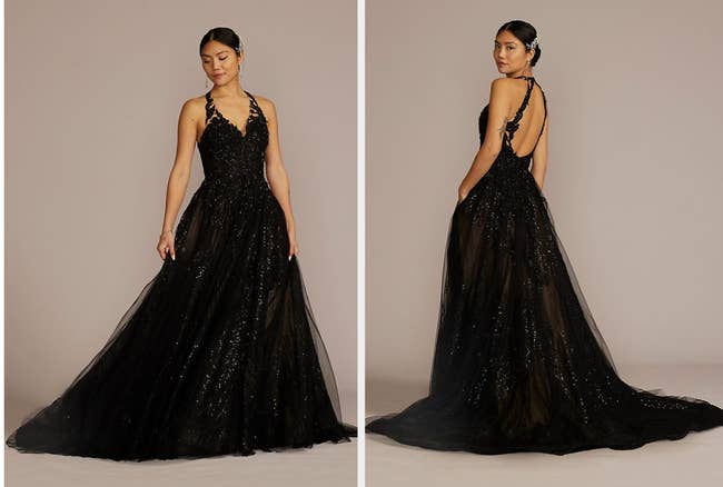 Two images of model wearing long black wedding dress