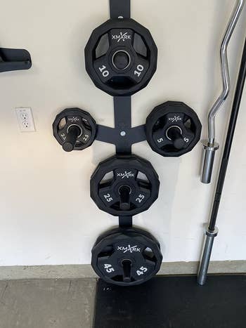 reviewer photo of five weight plates mounted on a wall