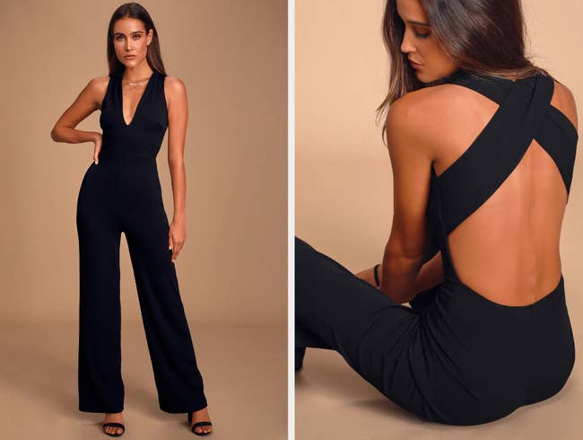 Two images of a model wearing the black jumpsuit